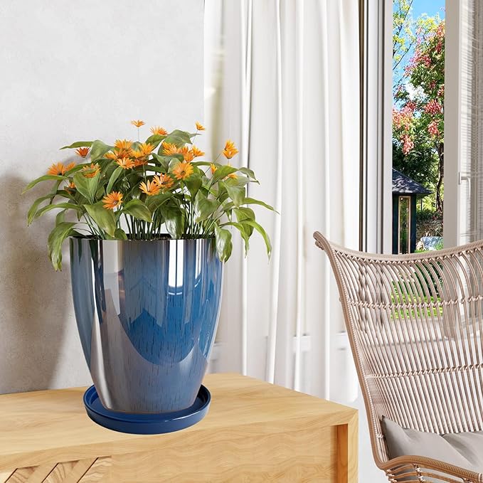 Ceramic Plant Saucer Blue Deep Glazing Pot Tray - 15 inch1 Pack, Planter Saucers Water Drip Trays for Indoors Outdoor, Thick Durable Sturdy Flower Pot Saucers for Glazing Pots Base, (15"/13.5"-Size)