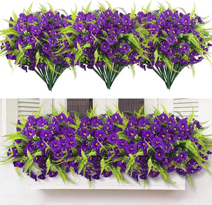 HIAGROW Artificial Flowers Outdoors 12 Bundles Artificial Petunias Fake Flowers UV Resistant Shrubs Plants with Fern for Indoor Outside Hanging Planters Home Garden Summer Decorations (Purple)