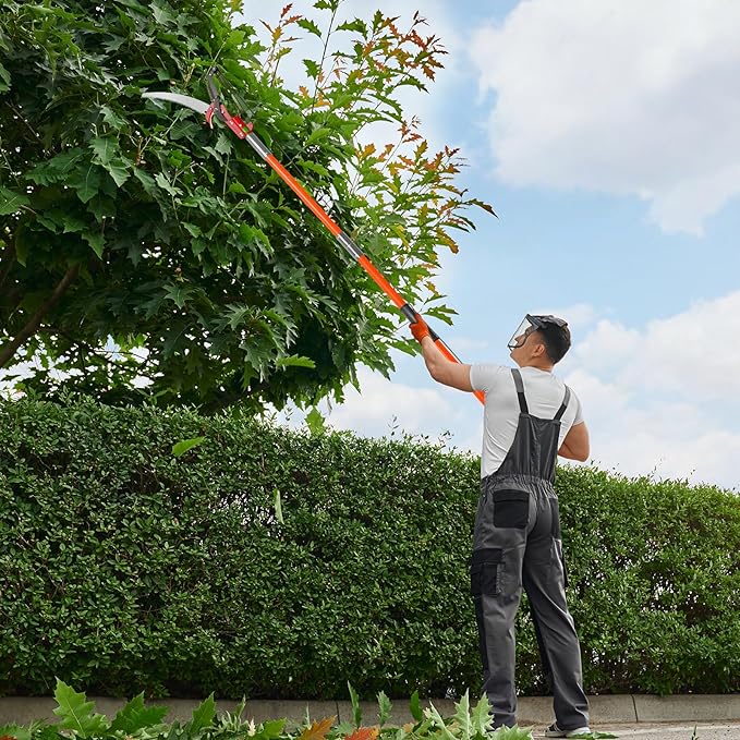 Outvita Manual Pole Saw, 26 Feet Extendable Tree Pruner with Knives and Storage Pocket, Sharp Steel Blade and Scissors High Branches Trimming for Pruning Palms and Shrubs(Orange)