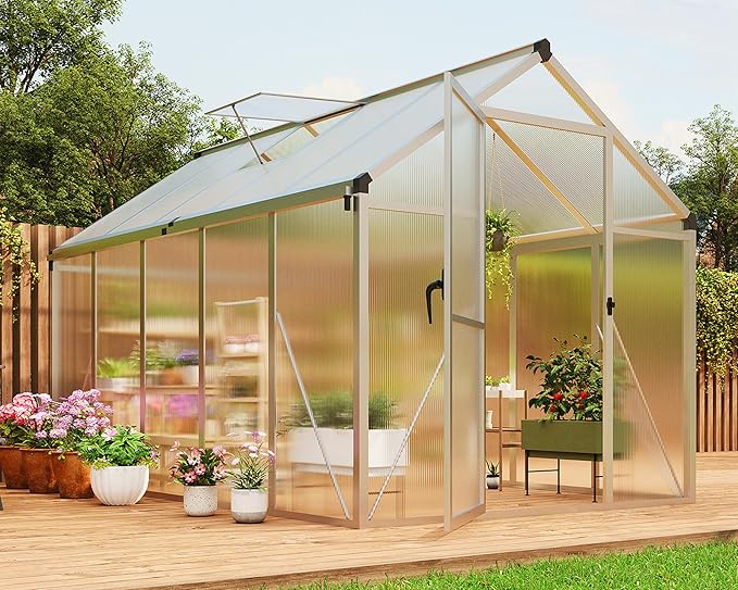6 X 10 FT Greenhouse, Outdoor Greenhouses, Polycarbonate Panels with Aluminum Frame, Adjustable Roof Vent and Lockable Door, Green Houses for Outside Backyard, Garden, Patio