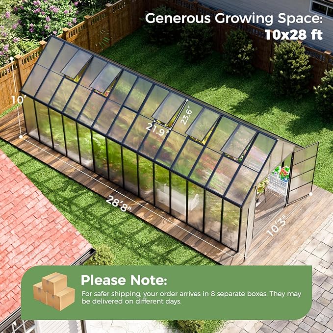 10*28 FT Large Greenhouses for Outdoors Heavy Duty, Aluminum-Framed Polycarbonate Greenhouse with Quick Setup Structure and 6 Vent, Walk-in Greenhouse kit for Garden & Backyard