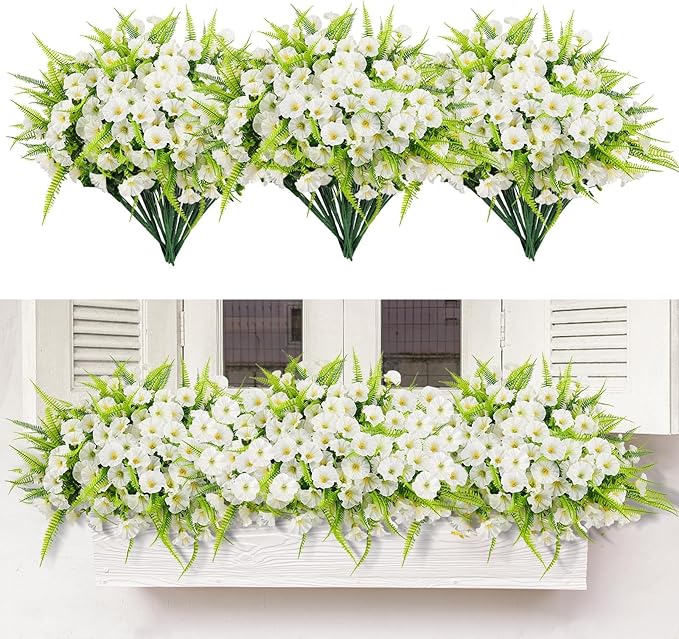 HIAGROW Artificial Flowers Outdoors 12 Bundles White Artificial Petunias Fake Flowers UV Resistant Shrubs Plants with Fern for Indoor Outside Hanging Planters Home Garden Summer Decorations