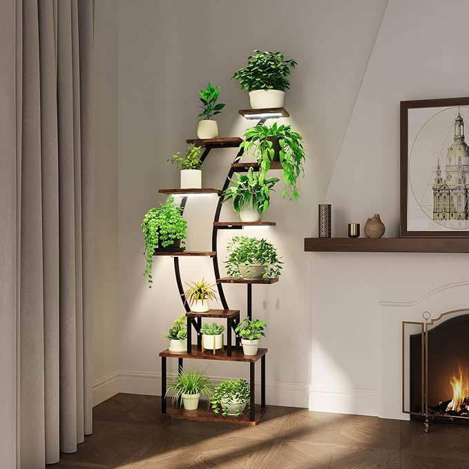 ROOMTEC Plant Stand Indoor with Grow Lights, 9 Tiered Indoor Plant Stand, 63" Metal Plant Shelf, Tall Plant Stands Indoor Multiple Stands for Living Room, Patio, 2PCS