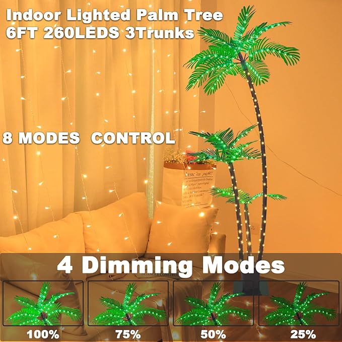 SOSHOT 6FT Lighted Artificial Palm Tree with Three Trunks and Upgraded 260 LED Lights - Outdoor/Indoor Use, Perfect for Tiki Bars, Patios, Homes, Offices, Beaches, Yards Pool and Cruise Party