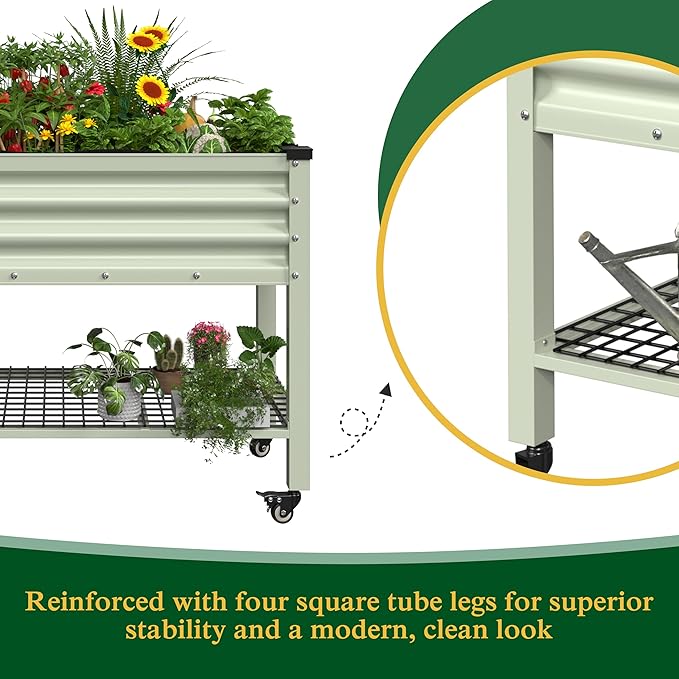 48" W x 24" D x 34" H Galvanized Raised Garden Bed with Lockable Wheels, Raised Garden Beds Outdoor with Drainage Gaps & Shelf, Planter Boxes Outdoor for Backyard, Patio, Balcony, Beige