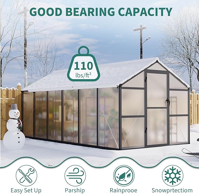 8x12 FT Greenhouse, Polycarbonate Walk-in Greenhouse for Outdoors with Roof Vent & Lockable Outward-Opening Swing Door, Heavy-Duty Aluminum Green House for Garden, Backyard, Patio, Lawn, Dark Grey