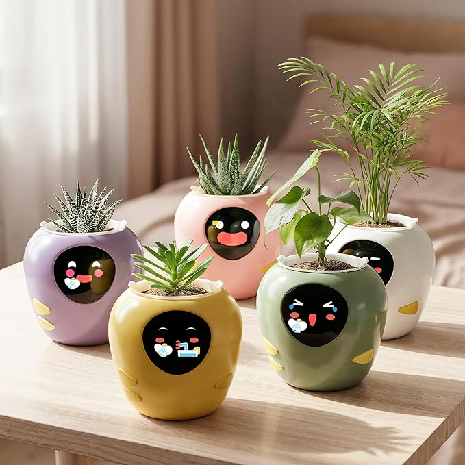 Plantbot Upgraded Large Smart Flower Pot Pet Planter Robot with Artificial Intelligence, Time Temperature Display, and Numerous Expressive Animations Based, for Indoor Decoration, Gifts (Purple)