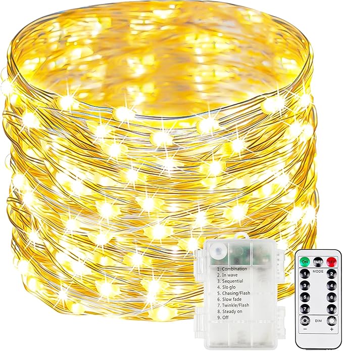 200LED 66FT Fairy Lights Battery Operated with Remote, 1 Pack Twinkle Lights Waterproof for Outdoor & Indoor, 8 Modes String Light Timer for Christmas Party Wedding Birthday Home DIY Décor(Warm White)