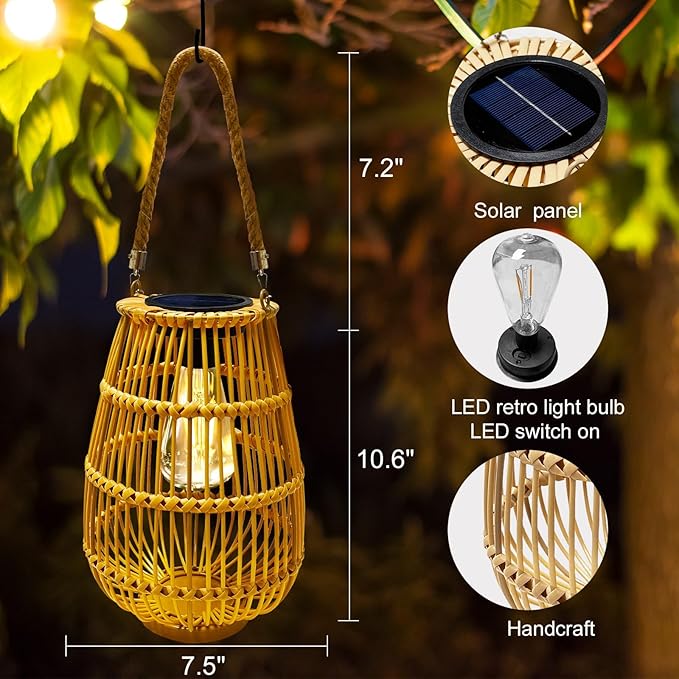Solar Powered Lantern Outdoor Waterproof Hanging Rattan Lantern Lights Solar Lanterns Decorative Table Lamp for Garden,Yard,Patio,Porch,Trees,Lawn,Pathway,1 Pack