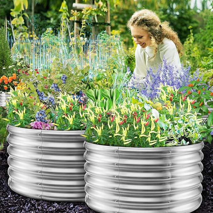 17" Tall Round Outdoor Garden Raised Garden Bed Kits-0.8MM Thick Metal Raised Planter Bed/Ground Planter Box for Variety of Flowers,Herbs,Vegetables,Trees (Silver, 32 Dia X 16.5 inches)