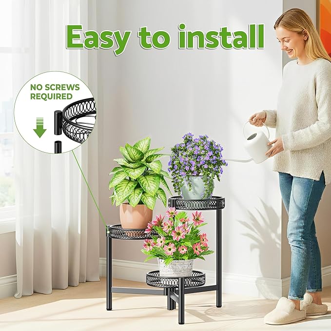 NQW 3 Tier Metal Plant Stand Indoor Outdoor, Corner Tall Plant Shelf for Multiple Plants, Foldable Heavy Duty Plant Holder, Decoration Flower Pot Stand for Patio Living Room Balcony Garden - BlackFlower