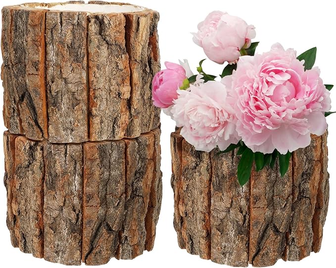 Yardwe 3 Pcs Wooden Flower Pots, Rustic Wood Bark Buckets, Barrels Planters for Garden and Home Decorations, 4.72 X 4.72 X 3.93 Inch