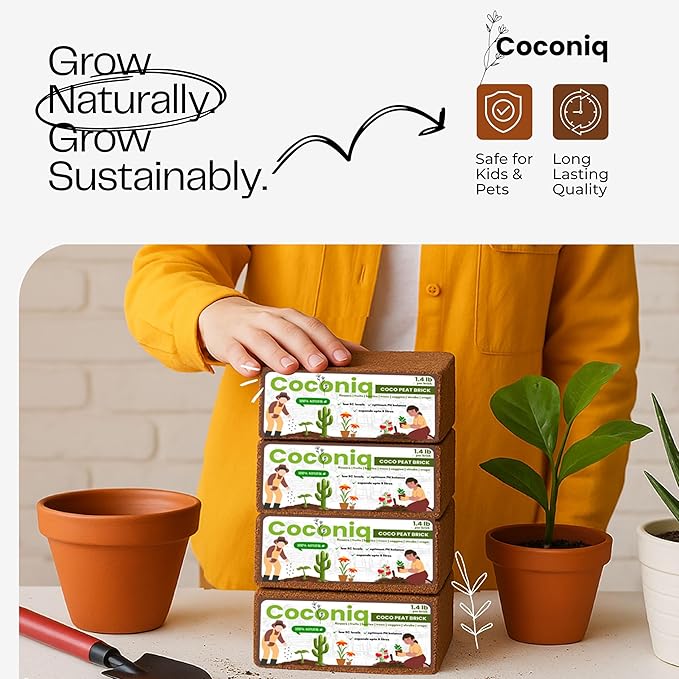 COCONIQ Coco Coir Block 4 Blocks (40 Pounds) - Large Compressed Coconut Fiber Brick for Potting, Gardening, Planting, Seed Starting, Indoor & Outdoor Plants