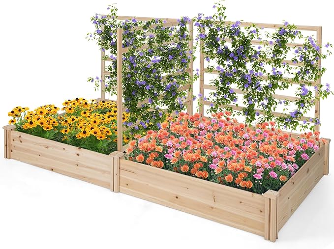 S AFSTAR Raised Garden Bed with 3 Trellis & 2 Planter Boxes, 88" L x 45" W x 43" H Outdoor Wooden Planter Box Kit for Flower Herb Vegetable Fruit Climbing Vines, Gardening Planter for Garden Patio