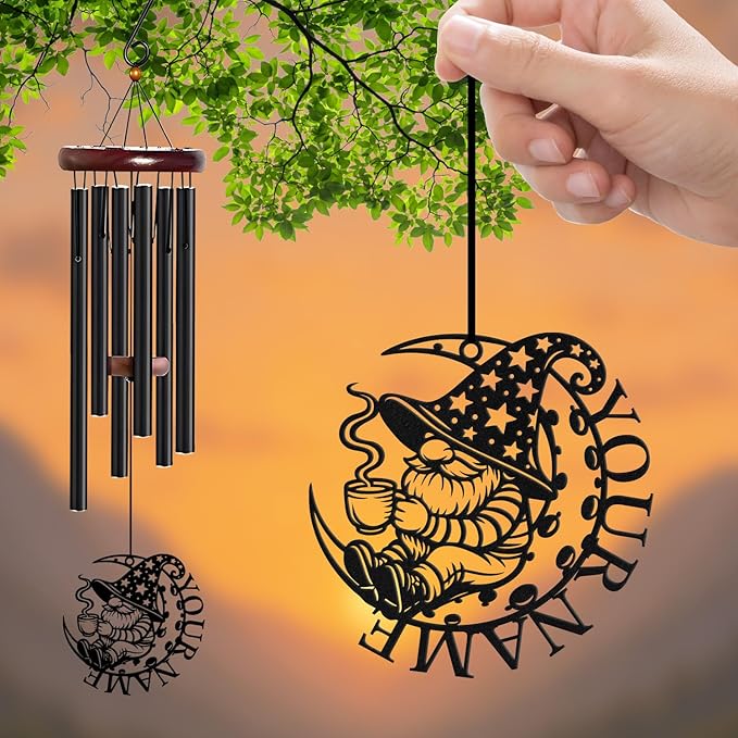 Personalized Customize Name Gnome Wind Chime, Metal Iron 37 Inch Outdoor Memorial Gift for Garden Yard Patio Home Decor, Black,Christmas (Style H)