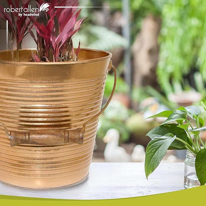 Headwind Robert Allen Vintage Ribbed Metal Planter with Handle, 10-Inch, New Penny โ Lightweight Indoor/Outdoor Flower Pot with Drainage Hole