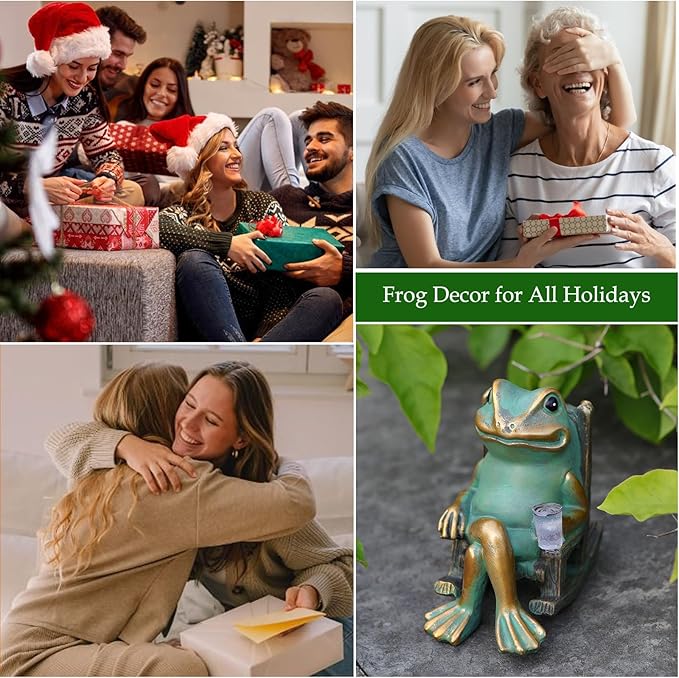 Miniature Frog Garden Statues Outdoor Valentines Day Decorations, Solar Outdoor Lights Frog Decor Figurine for Patio, Balcony, Yard Lawn Ornament - Unique Frog Gifts for Women Mom Grandma