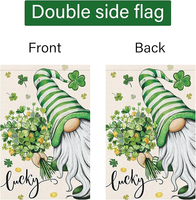 Louise Maelys St Patrick's Garden Flag Gnome Lucky Shamrock Clover 12x18 Inch Double Sided Floral Small Burlap Welcome Saint Patricks Spring Holiday Yard Sign Outside House Decor