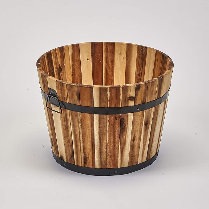 Worth Imports Wood Barrel Planter with Handles, Natural Oil 18" X 18" X 13"