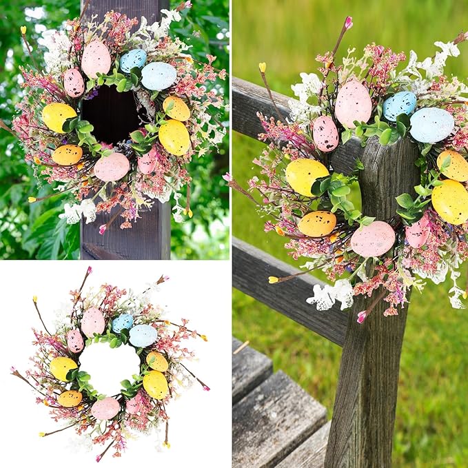 4 Pcs Easter Egg Candle Rings Wreaths Mini Artificial Spring Easter Egg Berry Wreath for Front Door Hanging Kitchen Cabinet Wreath with Ribbon for Porch Wall Window Farmhouse Decor