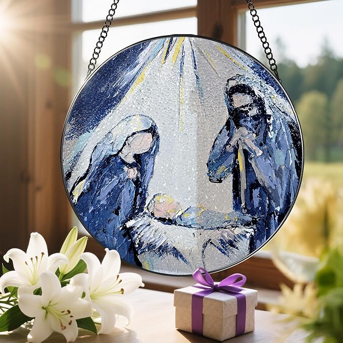 8'' Stained Glass Nativity Scene Ornament, Stained Glass Window Hanging, Religious Holiday Ornament, Holy Family Decoration, Gift for Christmas, Religious Gifts, Christian Gifts