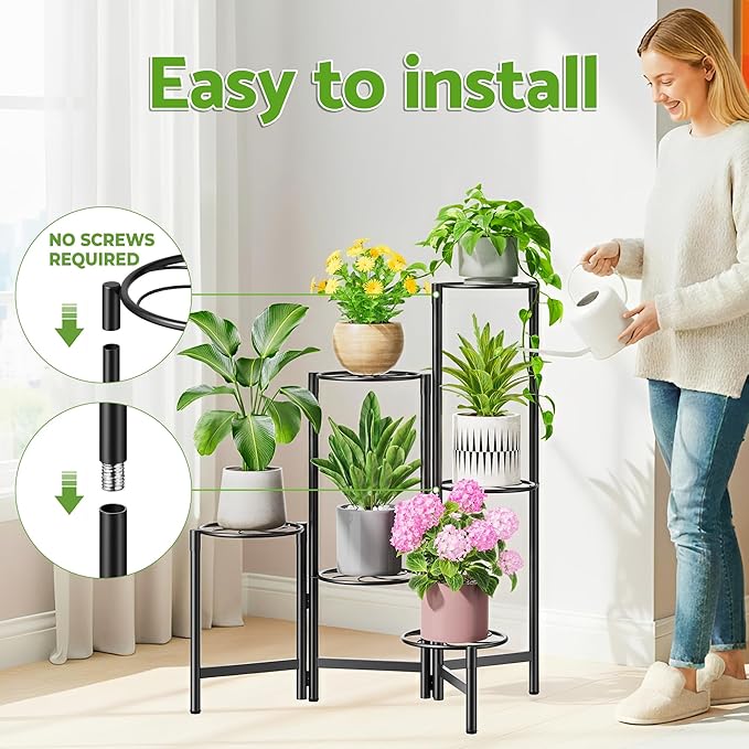 NQW Outdoor Plant Stands for Patio Corner Tall Plant Stand Indoor Metal Flower Pot Stands for Multiple Plants 6 Tier Heavy Duty Shelf Black Kite