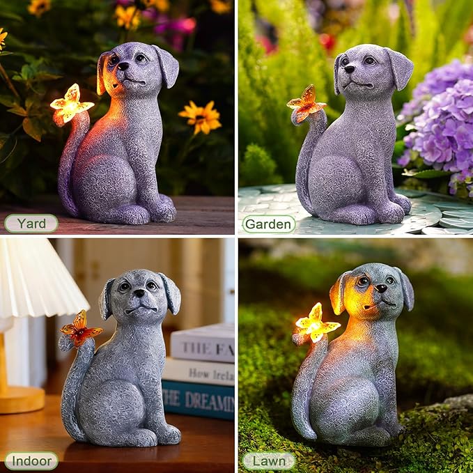 Nacome Solar Dog Outdoor Statues for Garden: Outside Decor with Butterfly Clearance for Yard Art Lawn Ornaments Patio Balcony Home House for Grandma Mom Women