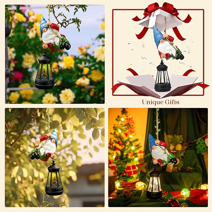 Solar Hanging Gnome Garden Statues Climbing Rope Gnome with LED Lantern Spring Outdoor Decor Tree Hugger Yard Porch Wall Fence Decoration Christmas Easter Birthday Gift for Mom Women