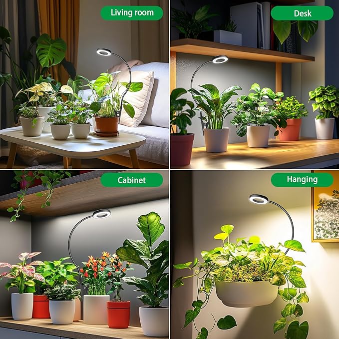 Xuligron Plant Light 2 Pack, Clip on Grow Lights for Indoor Plants, LED Full Spectrum Halo Grow Lamp with, 6/12/16H Timer, 5 Dimmable, 3 Modes, 2 Installation Options Clip or Plug