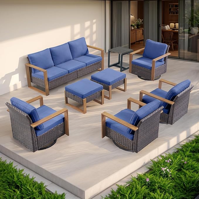 Rilyson Outdoor Wicker Patio Furniture Set - 4 Piece Patio Conversation Set with 2 Wicker Swivel Rocker Chairs,2 Rattan Ottoman, Thick Cushions, Deep Seating, Wide Armrest(Brown/Blue)