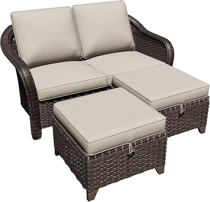 3 Pieces Patio sectional Sofa Set, Outdoor Conversation Furniture Set, 55" Patio Couch with 2 Ottomans, Rattan Wicker Sofa with Removable Cushions for Bistro, Deck (Beige)