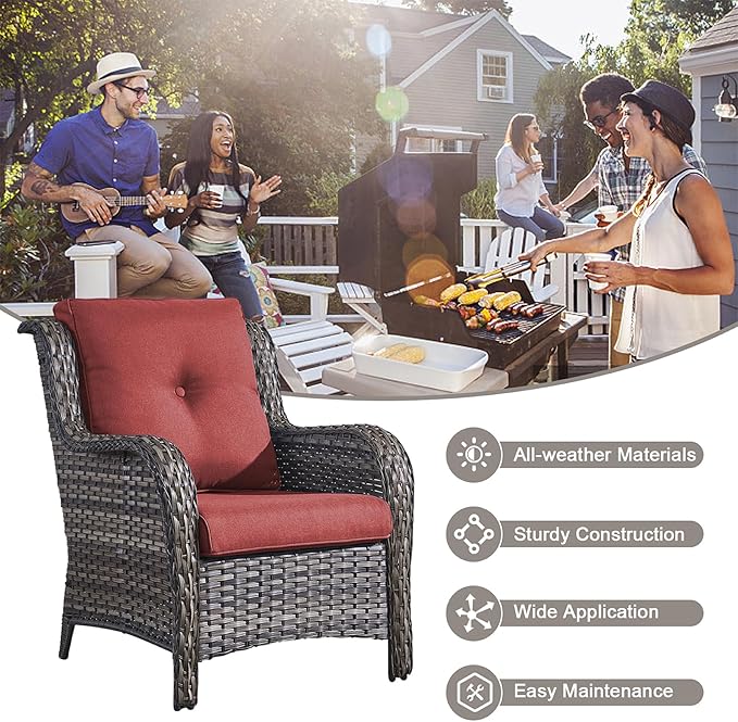 HUMMUH Outdoor Furniture 6 Pieces Patio Furniture Set Wicker Outdoor Sectional Sofa with 2 Patio Chairs,Ottomans,Coffee Table(Grey/Red)