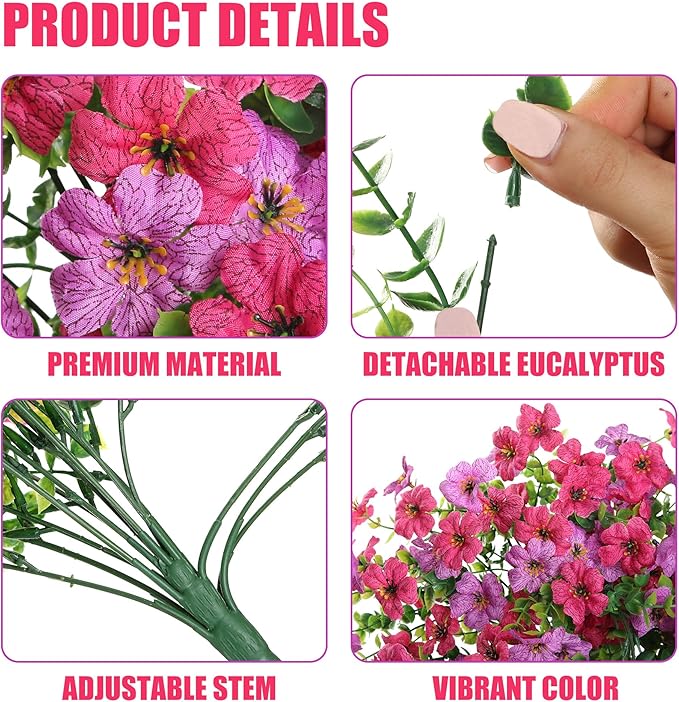 Artificial Fake Hanging Flowers Plants for Outdoor Outside Spring Summer Decoration 2PCS Faux Silk UV Resistant Realistic Mums Daisy with Eucalyptus for Home Porch Patio Balcony(Hot pink & Magenta)