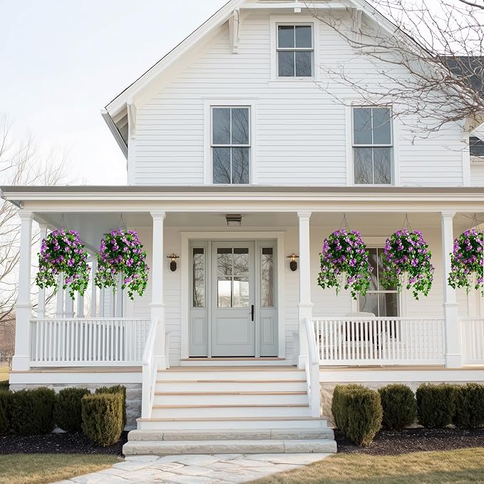 Morning Glory Artificial Hanging Flowers for Outdoors 3 Pcs Fake Petunias Flower Faux Silk Long Trailing Vines Realistic Flower for Front Door Porch Patio Balcony Garden Yard Decor (3 Pcs Purple)