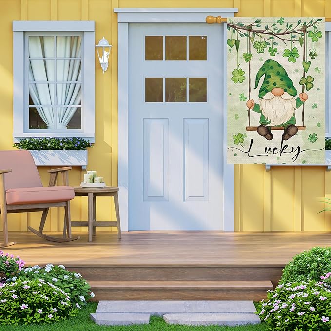 Heyfibro Lucky St. Patrick's Day Garden Flag 28x40 Double Sided Burlap, Gnome with Shamrocks Hanging Swing Yard Banner for Spring Seasonal Irish Holiday Farmhouse Outdoor Decor(ONLY FLAG)