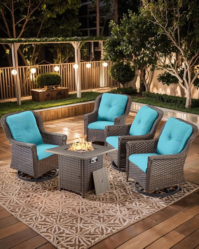Outdoor Patio Swivel Gliders with Fire Pit Table 5 Piece Set - High Back Brown Wicker Rattan Rocking Chair with Thick Cushion for Porch Apartment Deck Yard Poolside Garden - Turquoise