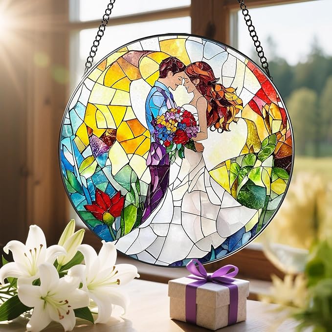 LAOWEIKI 8'' Romantic Couple Wedding Sun Catcher Ornament, Stained Glass Window Hanging, Suncatchers for Windows Hanging Ornaments, Window Decor | Ideal Gift, Wedding Gift, Gifts for Couple & Newlywed