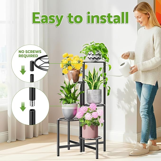 NQW Plant Stand 5 Tier Indoor Metal Flower Shelf for Multiple Plants Corner Tall Flower Holders for Patio Garden Living Room Balcony Bedroom Black Diamond