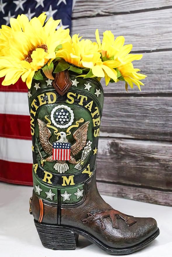 Ebros Gift Rustic Western Country USA American Bald Eagle with Arrows and Olive Branch Army Emblem Crest Military Cowboy Boot Flower Bouquet Vase Or Planter Decorative Figurine