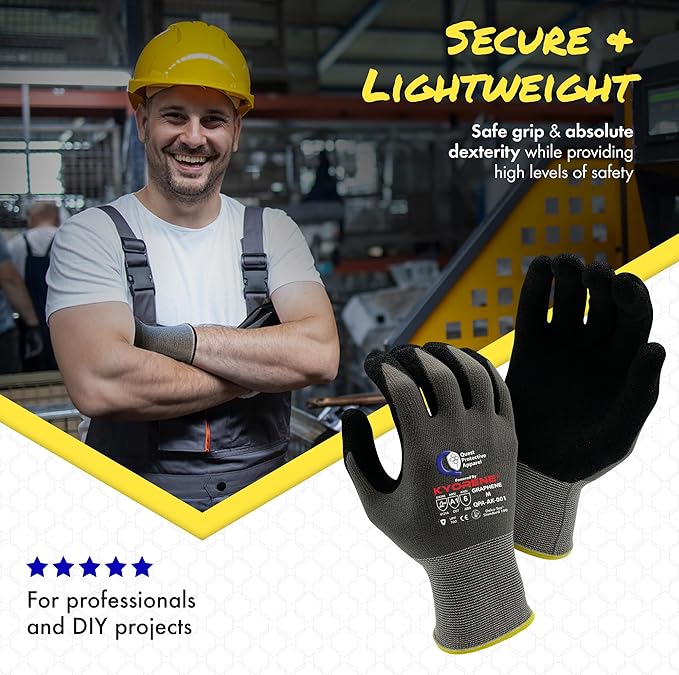 Quest Protective Apparel Cut Resistant Work Gloves (ANSI A1) – Lightweight Graphene Gloves for Gardening,DIY,Mechanical & General Handling – Breathable Grip Gloves for Men & Women – Medium, Pack of 12