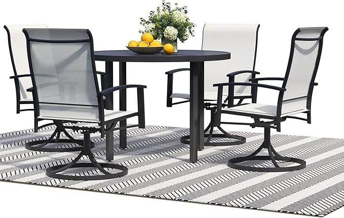 5 Pieces Outdoor Table and Chairs for 4, 42" Black Round Table with 4 Oyster Beige Swivel Chairs, Patio Set with Swivel Chair, Garden Tables for Outdoor, Patio Dining Set for Lawn Backyard Poolside