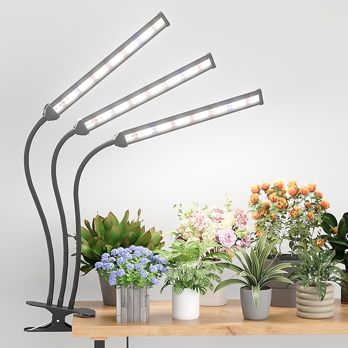 GooingTop Grow Light LED Gooseneck Lamp,Triple-Head Full Spectrum 222 LED Plant Lamp with Red Blue Light Clip-on Desk for Indoor Plants Growing, Auto Timer & Super Bright