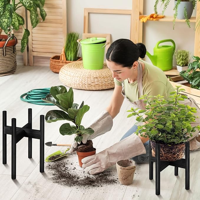 BESHOF 2 Pack Bamboo Plant Stands, Adjustable Plant Stand Indoor, Mid Century Modern Plant Stand, Plant Holder for Living Room, Balcony Fits 8 to 12 Inches Pots (Black)