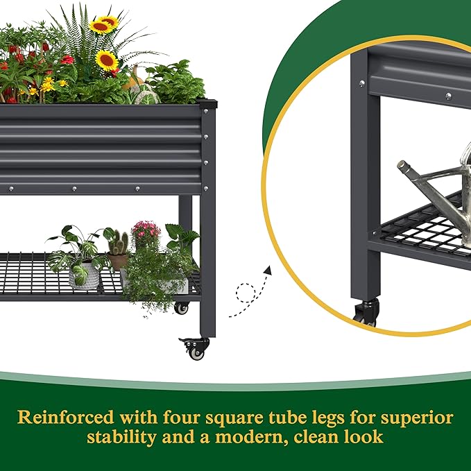 BlueWish 48" W x 24" D x 34" H Outdoor Galvanized Garden Bed, Elevate Raised Bed with Detachable Black Liner, Rolling Casters, Storage Shelf, Planter Boxes for Gardening, Vegetable, Flower, Grey