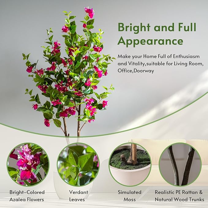 6FT Artificial Bougainvillea Tree Artificial Tree Tall Potted Fake Bougainvillea Trees for Outdoor Indoor Lifelike Potted Faux Plants with Wood Trunk and Flowers Office Wedding Home Decor