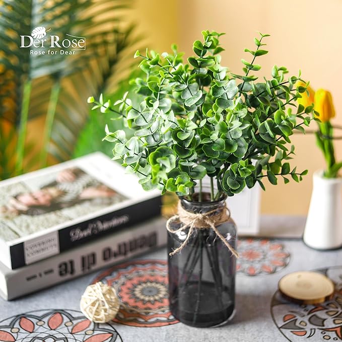 Der Rose 14.5" Fake Plants for Black Bathroom Decor Artificial Eucalyptus Stems in Black Glass Vase with Faux Water for Office Desk Accessories Home Wedding Decor