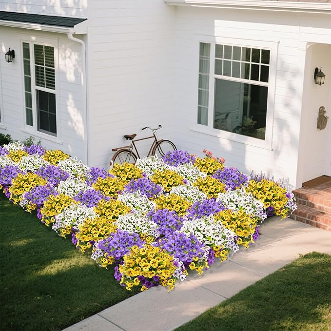 SupBri Artificial Flowers for Outdoor, UV Resistant Silk Fake Pansy Flowers, 12 Bundles Artificial Plants for Outdoor Planters Home Garden Office Patio Front (Yellow,Purple,White)