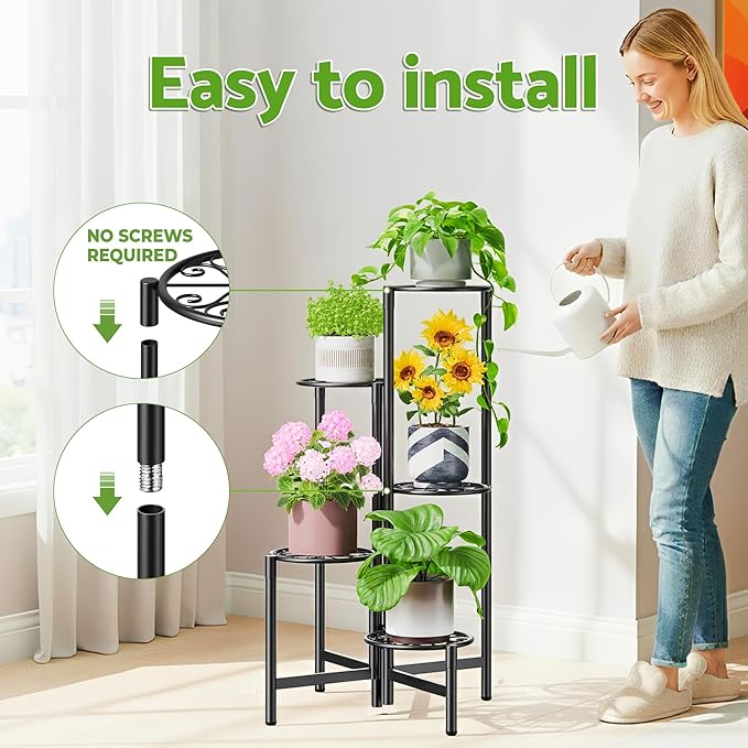 NQW Plant Stand Indoor Outdoor, 5 Tier Corner Metal Flower Display Holder Stand, Folding Tall Plant Rack for Patio Balcony Porch Garden Living Room House, Heavy Duty Wrought Iron Plant Shelf - BlackS