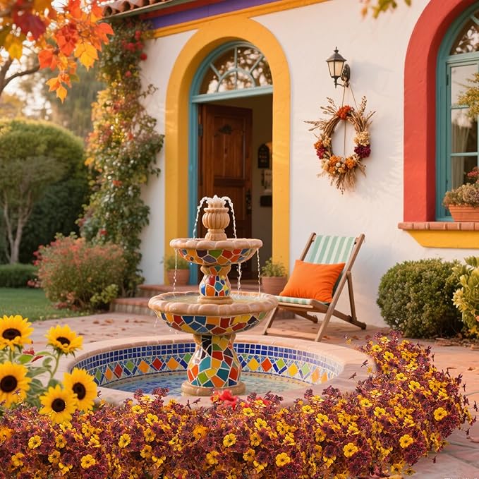 Grunyia 16 Bundles Artificial Fall Mums with Eucalyptus, Faux Daisy UV Resistant Outdoor Decor - Autumn Orange Flowers for Front Door Porch Planter, Patio, Thanksgiving Christmas (Fall Yellow&Red)