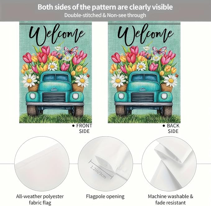 12×18 Inch Double Sided Garden Flag Spring Blue Truck Garden Flags Welcome Garden Flag Seasonal Outdoor Decorative Yard Outdoor Flag Farmhouse Spring Decor